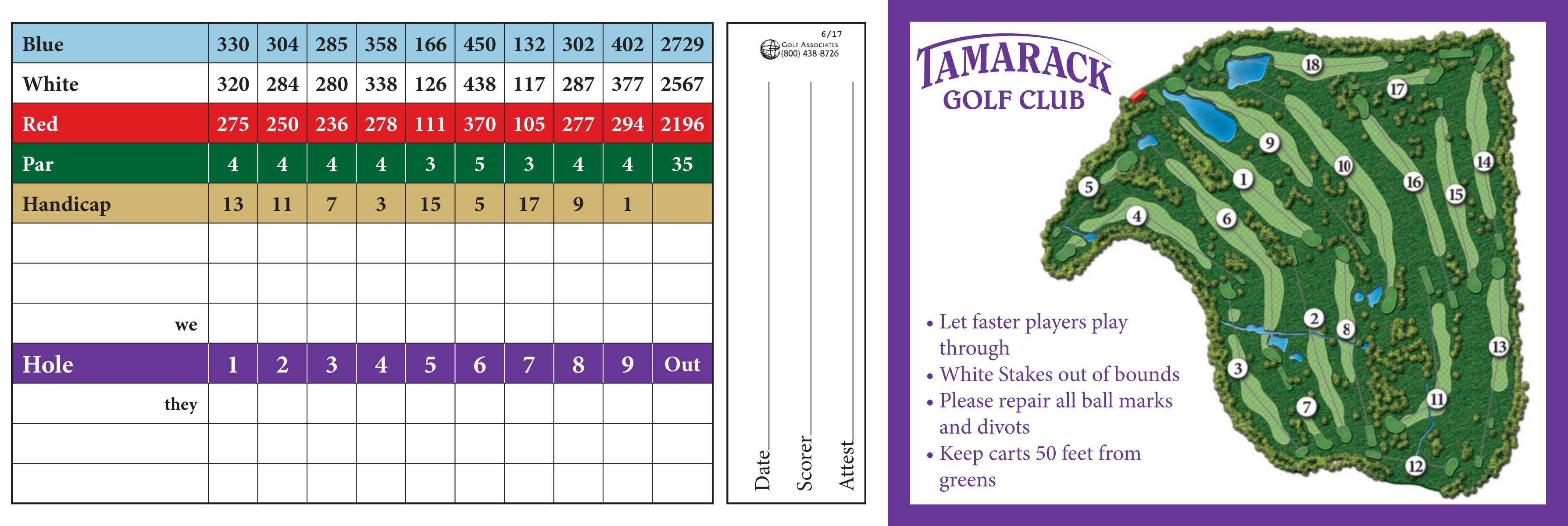 Image of the front of the score card at Tamarack Golf Club in Oswego, NY.